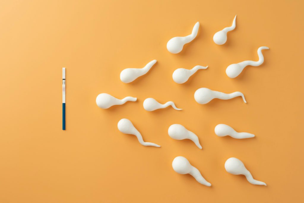 Espermatozoides sobre a mesa indo em direção a um teste de gravidez, para falar sobre varicocele e infertilidade masculina