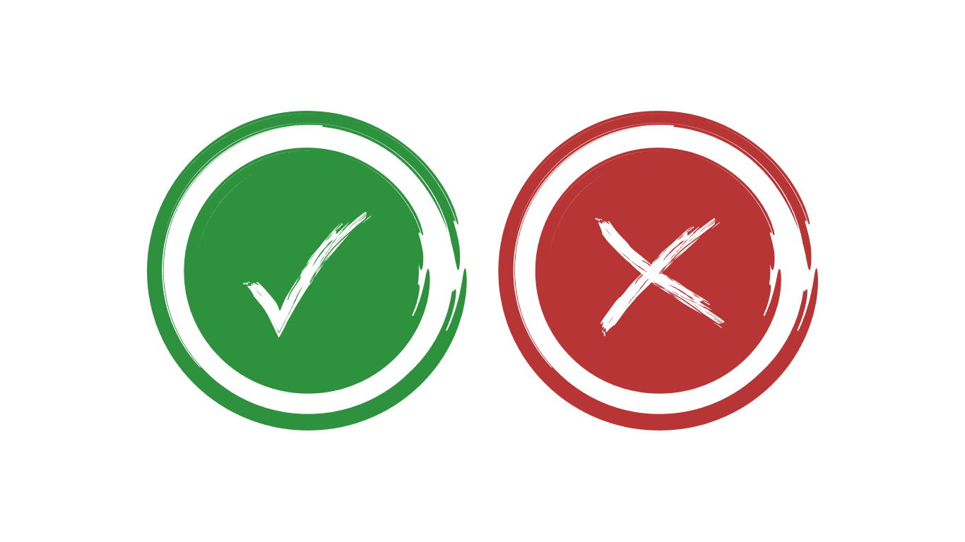 Um sinal de certo sobre um círculo verde e um sinal de errado sobre um círculo vermelho, para falar sobre mitos e verdades da prótese peniana
