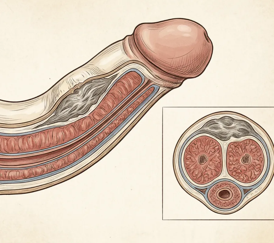 Ilustração da doença de Peyronie mostrando curvatura peniana causada por placa fibrosa