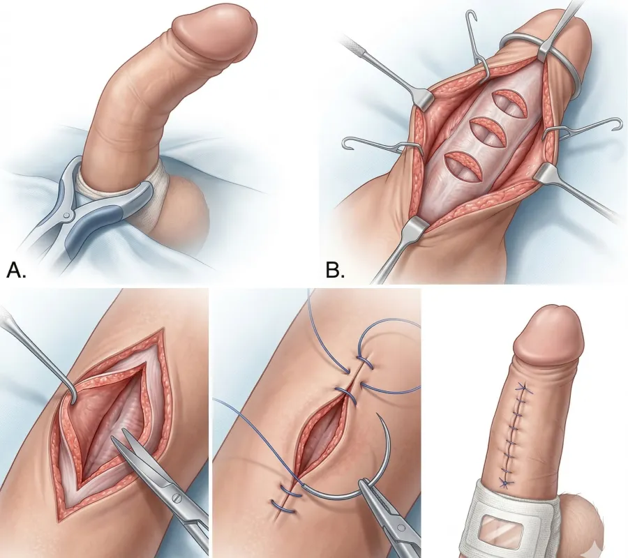 Ilustração da doença de Peyronie mostrando curvatura peniana causada por placa fibrosa