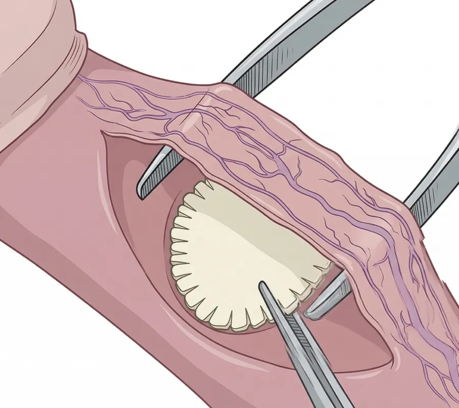 Ilustração da doença de Peyronie mostrando curvatura peniana causada por placa fibrosa